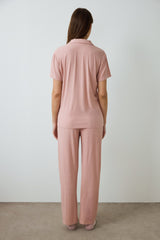 Dusty Rose Emma Ribbed Shirt Collar Short Sleeve Pajama Set