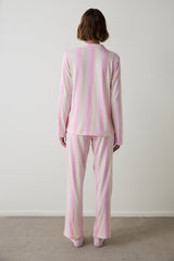 Light Pink Striped Shirt Collar Cotton Pajama Set