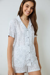 Light Gray Roses Shirt Collar Short Sleeve Pajama Set with Shorts
