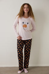 Pumpkin Patterned Crew Neck Cotton Long-Sleeve Pajama Set