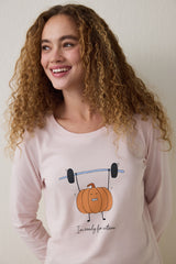 Pumpkin Patterned Crew Neck Cotton Long-Sleeve Pajama Set