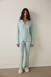 Mint Ribbed Shirt Collar Button-Down Long Sleeve Sustainable Viscose Pajama Set
