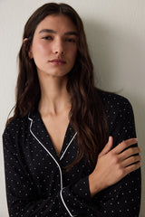 Black Polka Dot Patterned Long Sleeve Shirt Pajama Set