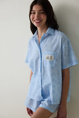 Light Blue Antalya Çiğdemi Cotton Floral Shirt Shorts Pajama Set - Inspired by Flora