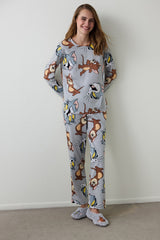 Gray Melange Friends Printed Crew Neck Long Sleeve Pajama Set