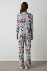 Gray Melange Friends Printed Crew Neck Long Sleeve Pajama Set