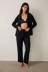 Black Fleur Satin Shirt Collar Long Sleeve Pajama Set