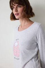 Light Gray Melange Not Today Printed U-Neck Long Sleeve Pajama Top