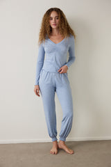 Light Blue Dreamy Polka Dot V-Neck Long-Sleeve Pajama Set