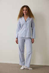 Light Blue Cozy Striped Shirt Collar Button-Down Cotton Long Sleeve Pajama Set