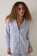 Light Blue Cozy Striped Shirt Collar Button-Down Cotton Long Sleeve Pajama Set