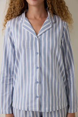 Light Blue Cozy Striped Shirt Collar Button-Down Cotton Long Sleeve Pajama Set