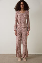 Beige Dreaming Leopard Print Crew Neck Long Sleeve Pajama Top