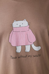 Beige ENT Crew Neck Slogan Printed Cotton Sweatshirt Pajama Set