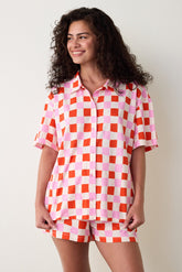 Plaid Shirt Collar Cotton Short Sleeve Buttoned Shorts Pajama Set