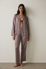 Dark Beige Emilia Tie-Detail Shirt Collar Satin Pajama Set