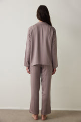 Dark Beige Emilia Tie-Detail Shirt Collar Satin Pajama Set