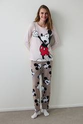 Beige Mickey Mouse Print Crew Neck Cotton Long-Sleeve Pajama Set