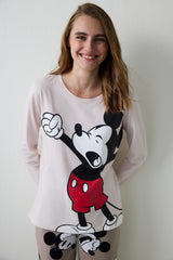 Beige Mickey Mouse Print Crew Neck Cotton Long-Sleeve Pajama Set