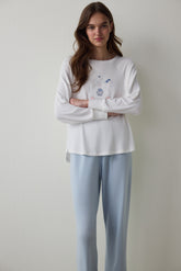 Off White Tea Time Crew Neck Thermal Effect Sweatshirt Pajama Top