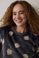 Dark Gray Bear Pattern Long-Sleeved Pajama Set