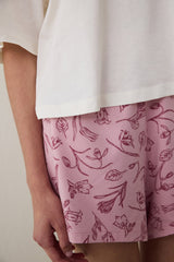 Ecru Steppe Tulip Floral Print Cotton Crew Neck Short Sleeve Pajama Set with Shorts - Inspired by Flora
