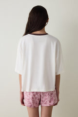 Ecru Steppe Tulip Floral Print Cotton Crew Neck Short Sleeve Pajama Set with Shorts - Inspired by Flora