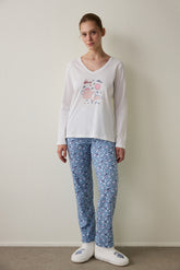 Cup of Tea Patterned V-Neck Cotton Long Sleeve Pajama Set