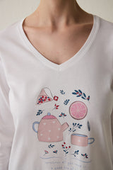Cup of Tea Patterned V-Neck Cotton Long Sleeve Pajama Set