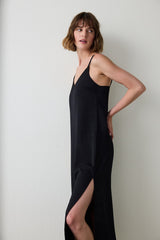 Black Fleur Satin V-Neck Adjustable Strap Long Nightgown