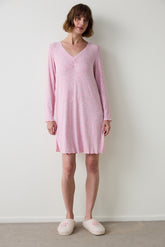 Light Pink Not Today Floral Patterned Crew Neck Long Sleeve Nightgown
