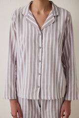 Beige Striped Long Sleeve Cotton Shirt Pants Pajama Set