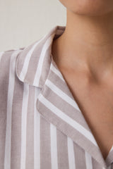 Beige Striped Long Sleeve Cotton Shirt Pants Pajama Set