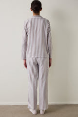Beige Striped Long Sleeve Cotton Shirt Pants Pajama Set