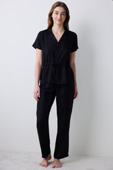 Fleur Satin Shirt Pants Black Pajama Set - Penti Loves Paris Collection