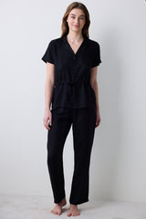 Fleur Satin Shirt Pants Black Pajama Set - Penti Loves Paris Collection