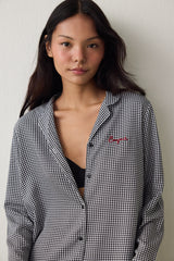 Black Bonjour Plaid Embroidered Shirt Collar Pajama Set