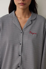 Black Bonjour Plaid Embroidered Shirt Collar Pajama Set