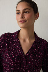 Burgundy Leopard Print Ribbed Shirt Collar Long-Sleeved Pajama Set