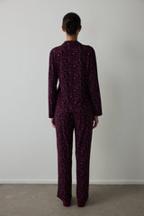 Burgundy Leopard Print Ribbed Shirt Collar Long-Sleeved Pajama Set
