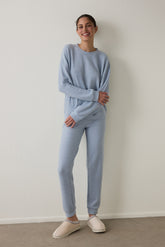 Light Blue Crew Neck Long Sleeve Waffle Thermal Effect Pajama Set
