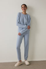 Light Blue Crew Neck Long Sleeve Waffle Thermal Effect Pajama Set