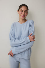 Light Blue Crew Neck Long Sleeve Waffle Thermal Effect Pajama Set