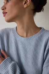 Light Blue Crew Neck Long Sleeve Waffle Thermal Effect Pajama Set