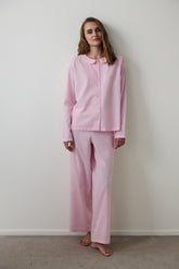 Light Pink Striped Tie Detailed Shirt Collar Pajama Set
