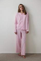Light Pink Striped Tie Detailed Shirt Collar Pajama Set