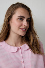 Light Pink Striped Tie Detailed Shirt Collar Pajama Set