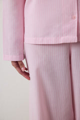Light Pink Striped Tie Detailed Shirt Collar Pajama Set