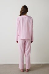 Light Pink Striped Tie Detailed Shirt Collar Pajama Set