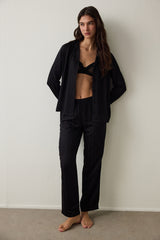 Black Emilia Tie Detailed Satin Shirt Collar Pajama Set